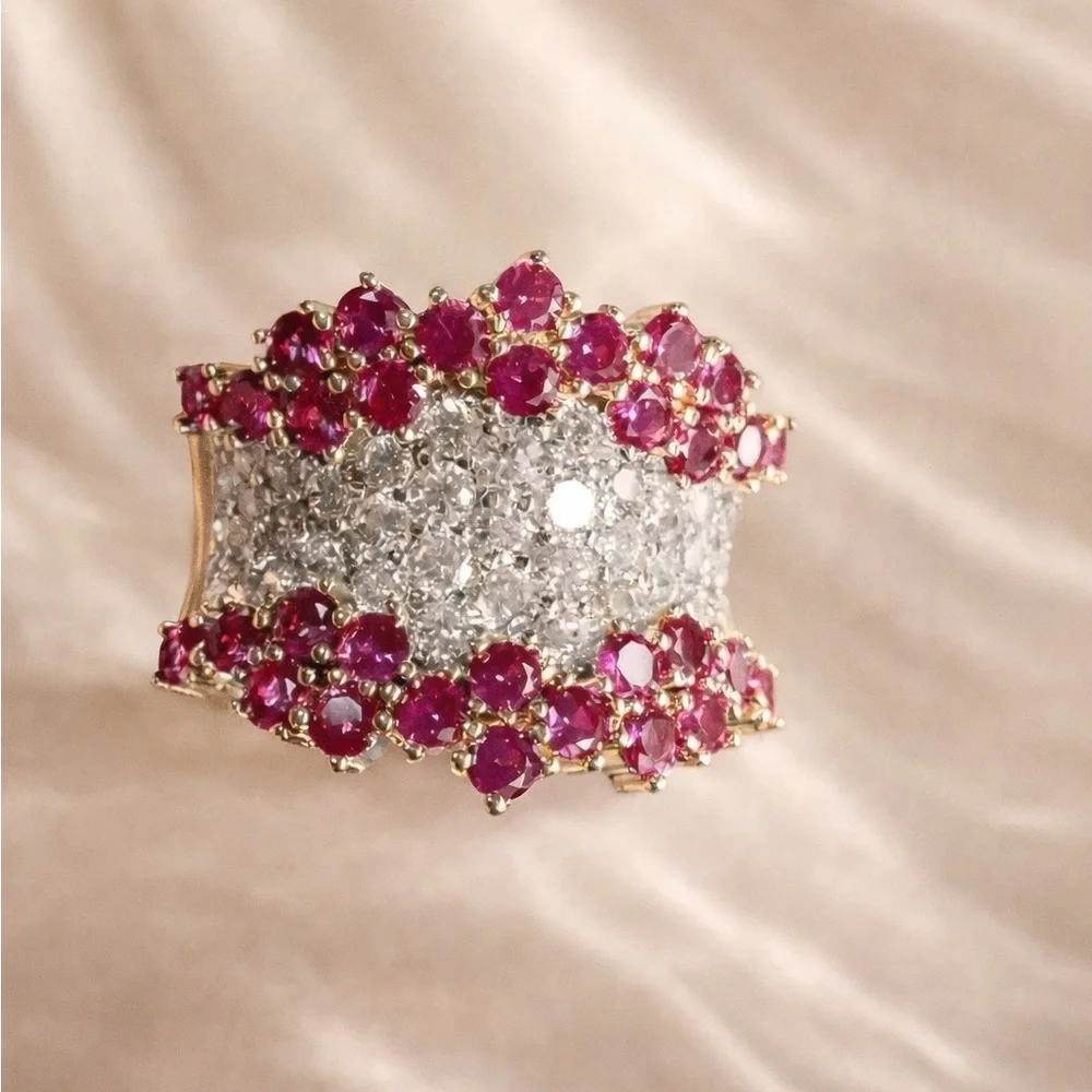 Opulent Ruby Diamond Wide Band Ring in Yellow Gold - Picture 2 of 12